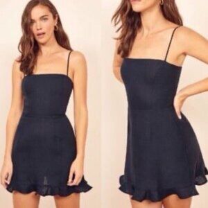 Reformation Kiernan Linen Spaghetti Strap Navy Ruffle Mini Dress Size 4